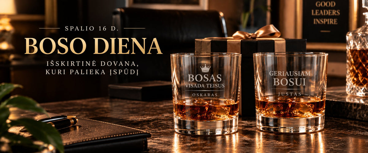 Boso diena – graviruotos viskio taurės „Bosas visada teisus“ ir „Geriausiam bosui“ su vardais