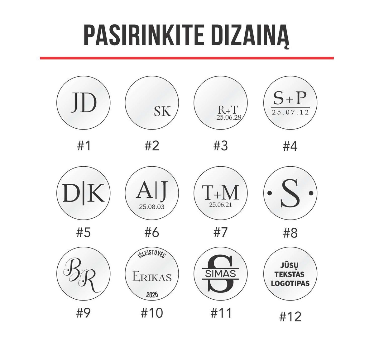 Sąsagų graviravimo dizainų katalogas – 12 variantų su inicialais, vardu, data ir logotipu
