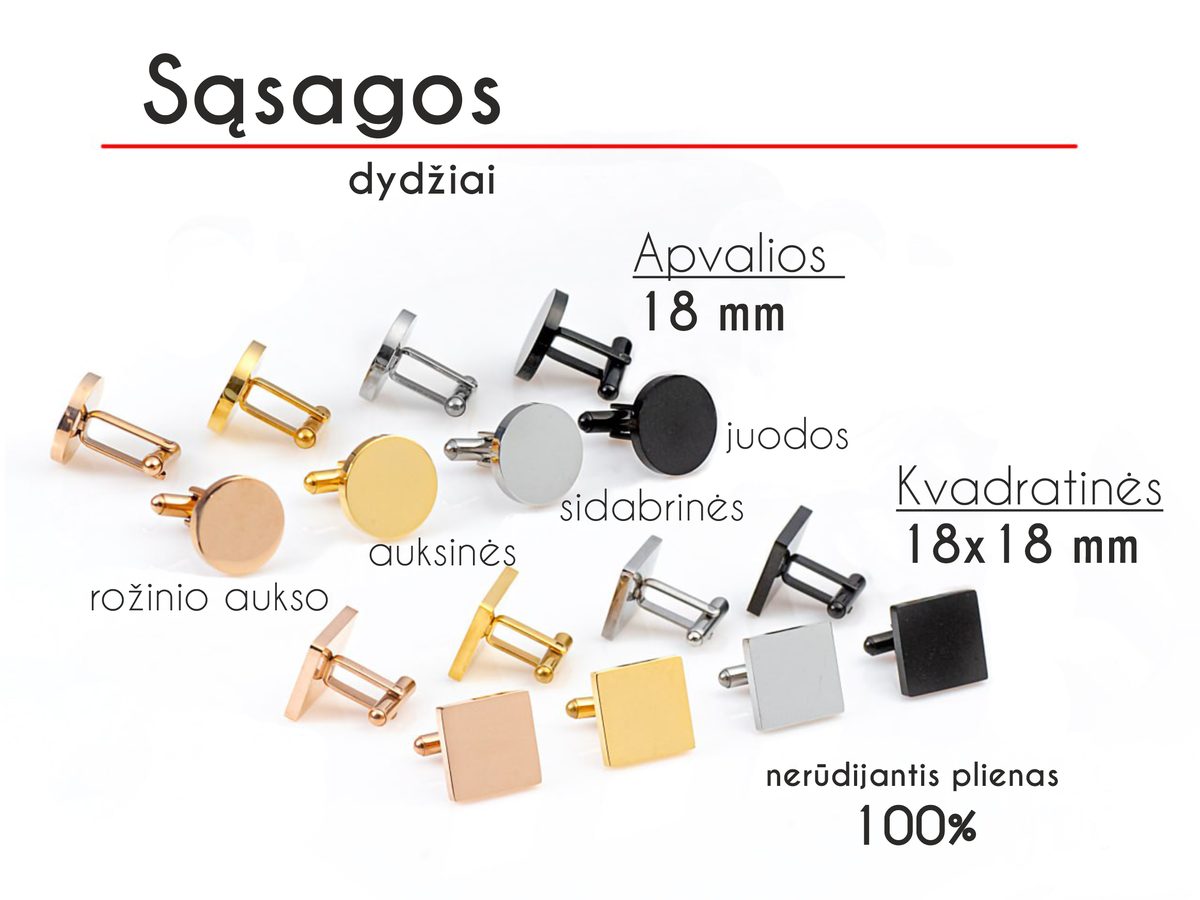 Sąsagų dydžiai ir spalvos – apvalios 18 mm, kvadratinės 18 × 18 mm, nerūdijantis plienas