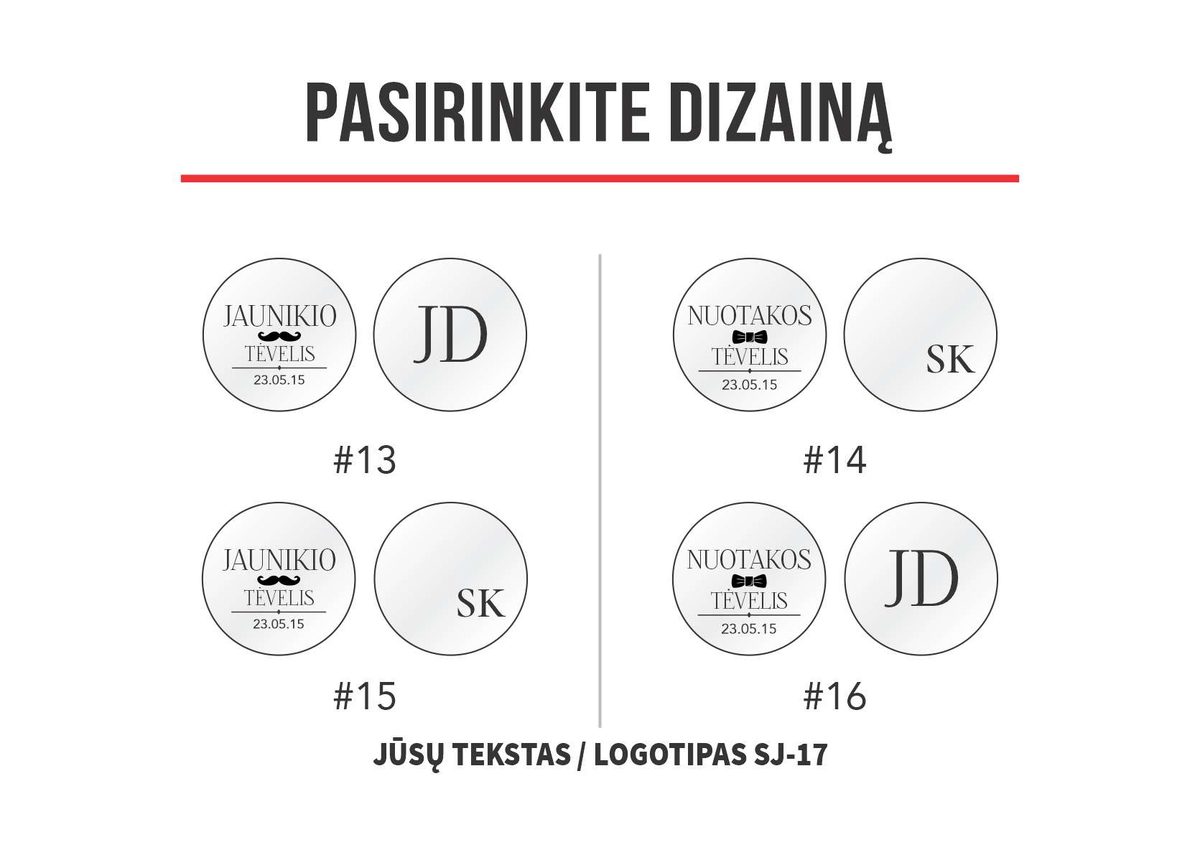 Sąsagų jaunųjų tėvams dizainų pasirinkimas – keturi variantai su užrašu ir inicialais